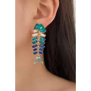 Altın Ve Mavi Renk Balık Figürlü Taş Detaylı Küpe (Çift)