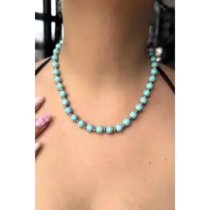 Altın Ve Mavi Renk Boncuk Detaylı Çelik Kolye