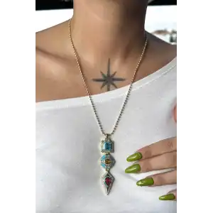 Altın Ve Mavi Renk Taş Detaylı 14K Altın Kaplama VİP Kolye