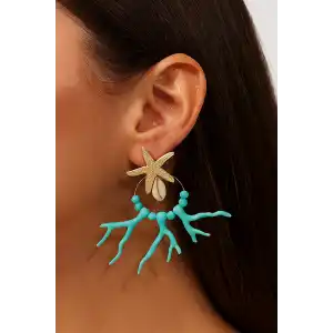 Altın Ve Mavi Renk Yıldız Figürlü Tasarım Küpe (Çift)