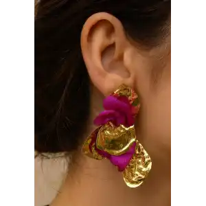 Altın Ve Mor Çiçek Detaylı Tasarım Küpe (Çift)