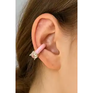 Altın Ve Pembe Renk Taş Detaylı 14K Altın Kaplama TX Ear Cuff (Tek)