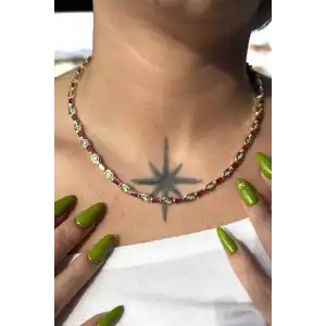 Altın Ve Pembe Renk Taş Detaylı 14K Altın Kaplama VİP Kolye