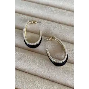Altın Ve Siyah Renk İnci Detaylı Küpe (Çift)