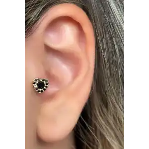 Altın Ve Siyah Renk Kalp Figürlü Taş Detaylı Çelik Tragus/Kıkırdak Küpe/Piercing (Tek)