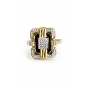 Altın Ve Siyah Renk Taş Detaylı 14K Altın Kaplama Ayarlanabilir Yüzük