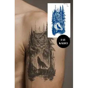 Baykuş Ve Kurt Figürlü 12 Saat Sonra Kararan Geçici Orta Dövme Tattoo