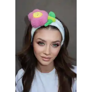 Beyaz Renk Çiçek Figürlü Peluş Saç Bandı