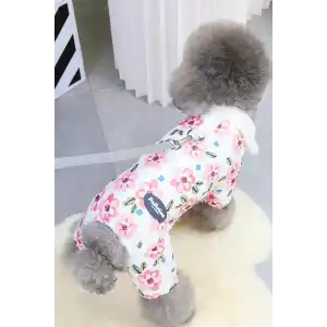 Beyaz Renk Çiçek Figürlü Su Geçirmez Kalın Tüylü Astarlı XXL Köpek Mont