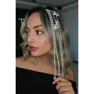 Beyaz Renk İnci Figürlü Kelebek Detaylı Yan Postiş