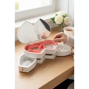 Beyaz Renk Kalp Figürlü Aynalı Çekmeceli Takı Organizeri