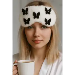 Beyaz Renk Kelebek Figürlü İnci Detaylı Peluş Uyku Bandı