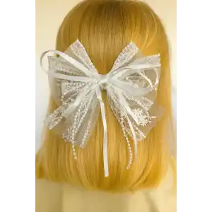 Beyaz Renk Kurdele Figürlü İnci Detaylı Otomat Toka