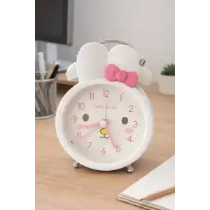 Beyaz Renk Tavşan Figürlü Mini Dekoratif Işıklı Alarmlı Yuvarlak Masa Saati