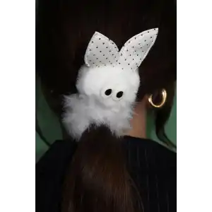 Beyaz Renk Tavşan Figürlü Peluş Simit Toka