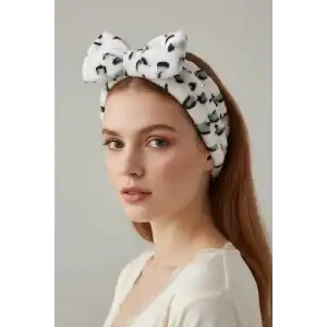 Beyaz Ve Gri Renk Kurdele Figürlü Leopar Desenli Saç Bandı