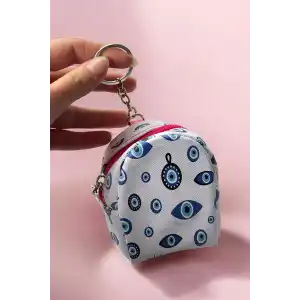Beyaz Ve Mavi Renk Nazar Boncuğu Figürlü Anahtarlık Cüzdan
