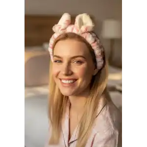 Beyaz Ve Pembe Renk Kulak Detaylı Peluş Saç Bandı