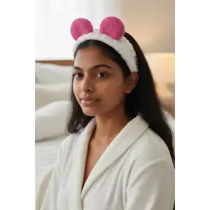 Beyaz Ve Pembe Renk Kulak Detaylı Peluş Saç Bandı