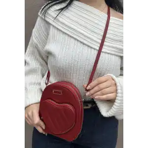 Bordo Renk Kalp Detaylı Deri Kadın Çanta