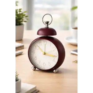 Bordo Renk Mini Dekoratif Işıklı Alarmlı Yuvarlak Masa Saati