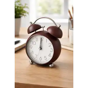 Bordo Renk Mini Dekoratif Işıklı Alarmlı Yuvarlak Masa Saati