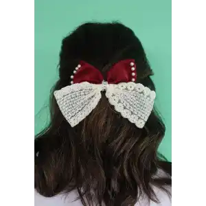 Bordo Ve Krem Renk Kurdele Figürlü İnci Ve Taş Detaylı Otomat Toka