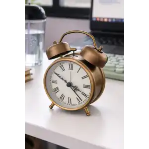 Bronz Renk Dekoratif Işıklı Alarmlı Yuvarlak Masa Saati