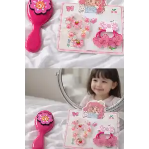 Fuşya Renk Çocuk Tarak,Bileklik,Yüzük Ve Toka Set