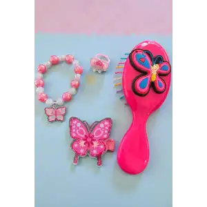 Fuşya Renk Kelebek Figürlü Tarak /Bileklik /Yüzük Ve Toka Set