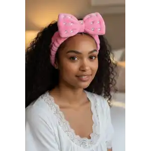 Fuşya Renk Kurdele Figürlü Taş Detaylı Peluş Saç Bandı