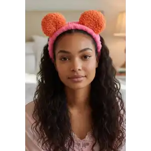 Fuşya Ve Turuncu Renk Kulak Detaylı Peluş Saç Bandı