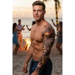 Geçici Aslan ve Kurukafa Modelli Kol Dövme Tattoo