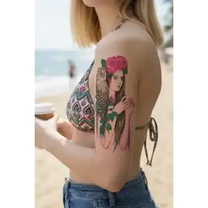 Geçici Kadın, Gül ve Baykuş Dövme Tattoo