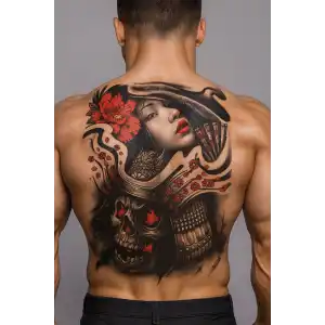 Geçici Kadın ve Kurukafa Modelli Sırt Dövme Tattoo