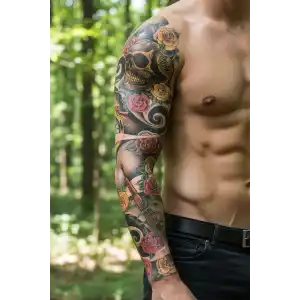 Geçici Kurukafa Çiçek ve Silah Kol Dövme Tattoo