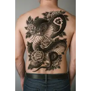 Geçici Yılan ve Gül Modelli Sırt Dövme Tattoo