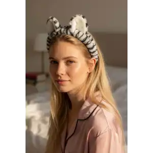 Gri Renk Kulak Detaylı Peluş Saç Bandı