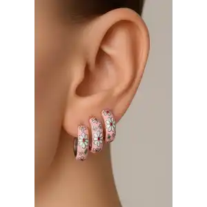 Gümüş Pembe Renk Çiçek Figürlü VİP 3lü YSX Küpe Set