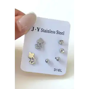 Gümüş Renk 6lı Karışık Figürlü Çelik Küpe Set