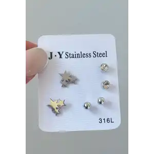 Gümüş Renk 6lı Karışık Figürlü Çelik Küpe Set