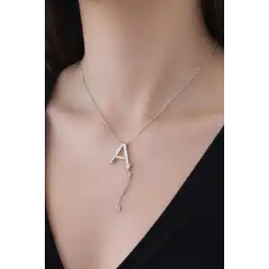 Gümüş Renk A Harfli Taş Detaylı Çelik Kolye