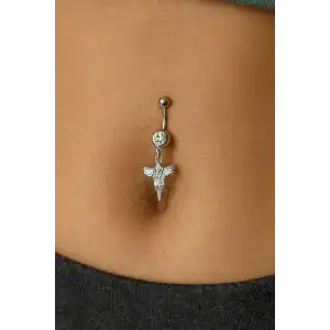 Gümüş Renk Anka Kuşu Figürlü Taş Detaylı Cerrahi Çelik Göbek Piercing
