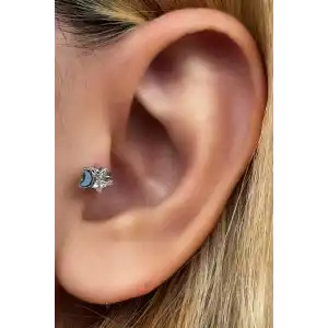 Gümüş Renk Ay Ve Yıldız Figürlü Taş Detaylı Cerrahi Çelik Tragus/Kıkırdak Küpe/Piercing (Tek)