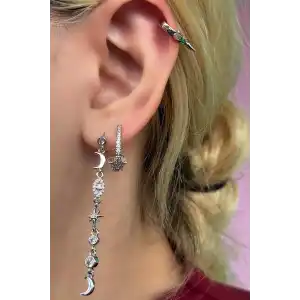 Gümüş Renk Ay Ve Yıldız Figürlü Taş Detaylı VİP 3lü YSX Küpe Set