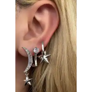 Gümüş Renk Ay Ve Yıldız Figürlü Taş Detaylı VİP 3lü YSX Küpe Set