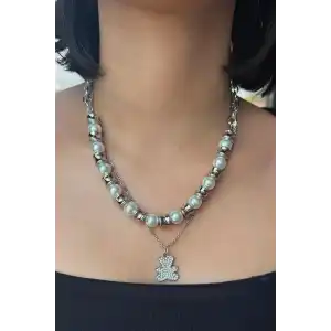 Gümüş Renk Ayı Figürlü İnci Detaylı  Çoklu Kolye