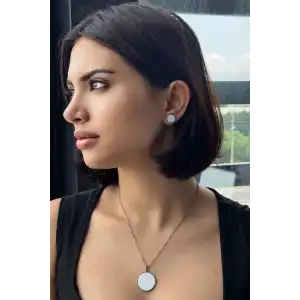 Gümüş Renk Beyaz Taş Detaylı Küpe Ve Kolye Set