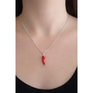 Gümüş Renk Biber Figürlü Çelik Şans Kolyesi