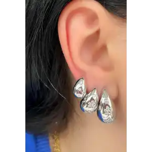 Gümüş Renk Bottaga Figürlü Çiçek Detaylı VİP 3lü YSX Küpe Set